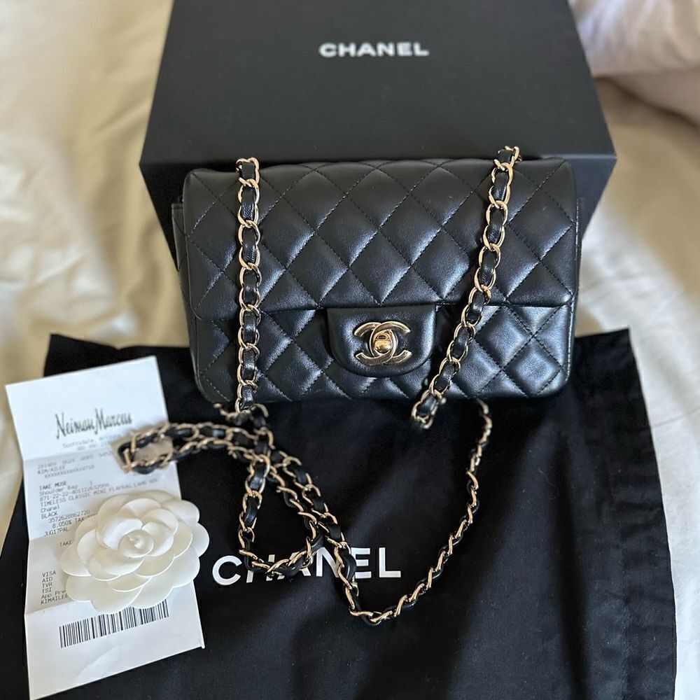 Chanel Black Lambskin Leather Mini Classic Rectangular Flap Light Gold Hardware